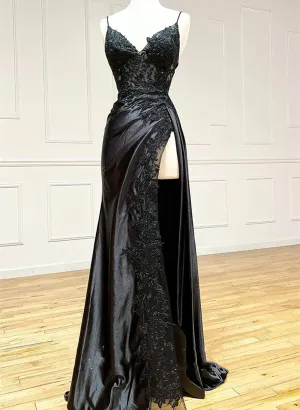 Black Long Satin with Lace Straps Long Party Dresses, Black Evening Dresses