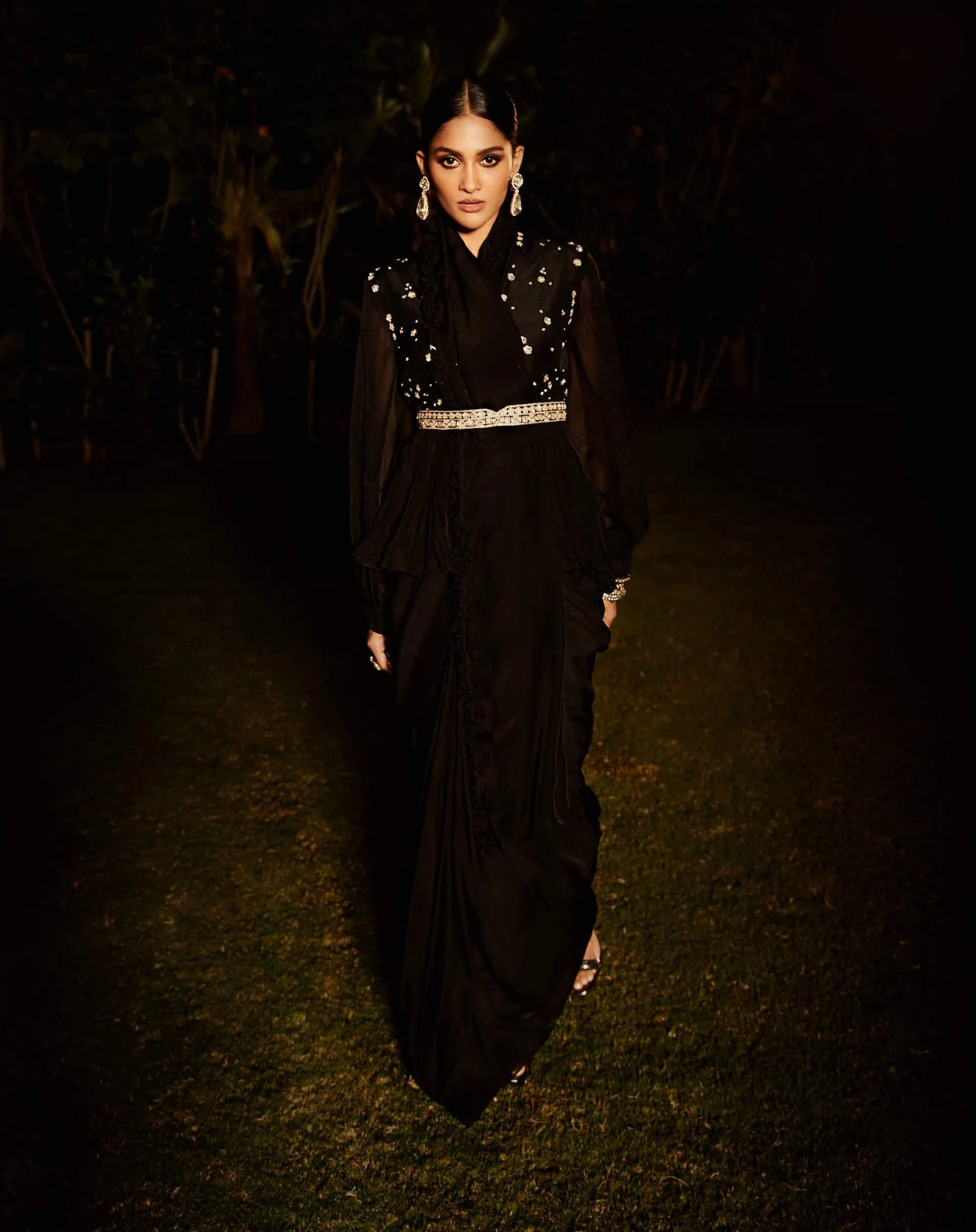 Black Pre-draped Sari With Blouse