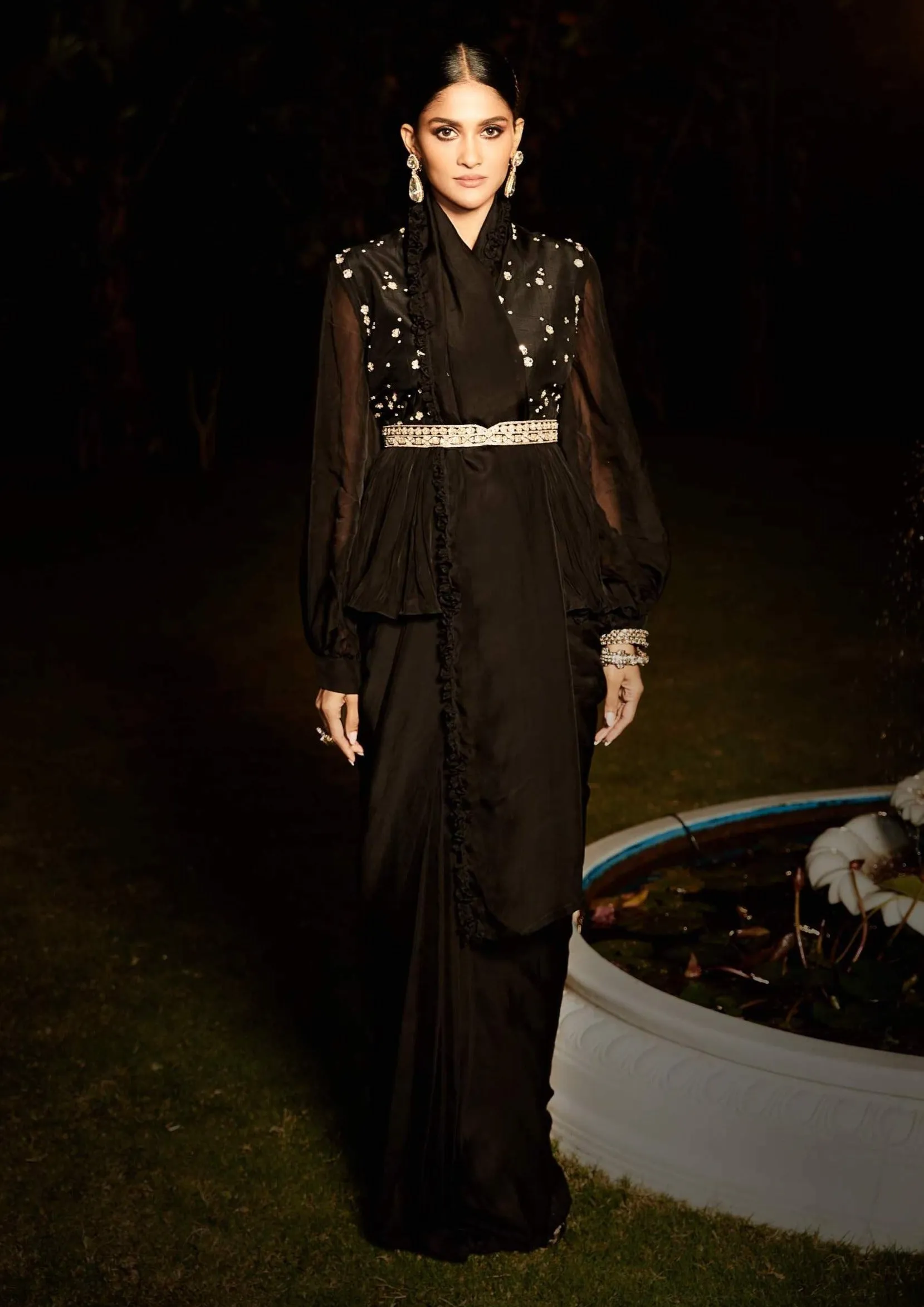 Black Pre-draped Sari With Blouse