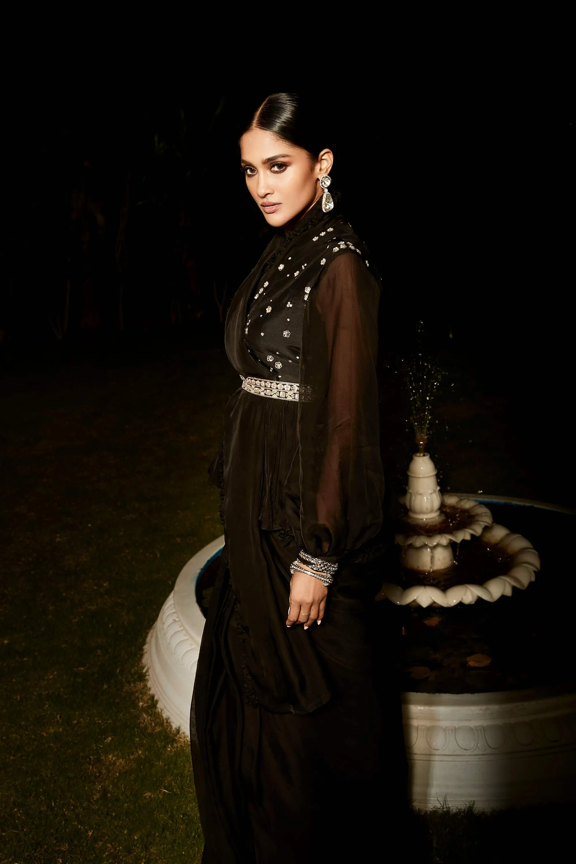 Black Pre-draped Sari With Blouse
