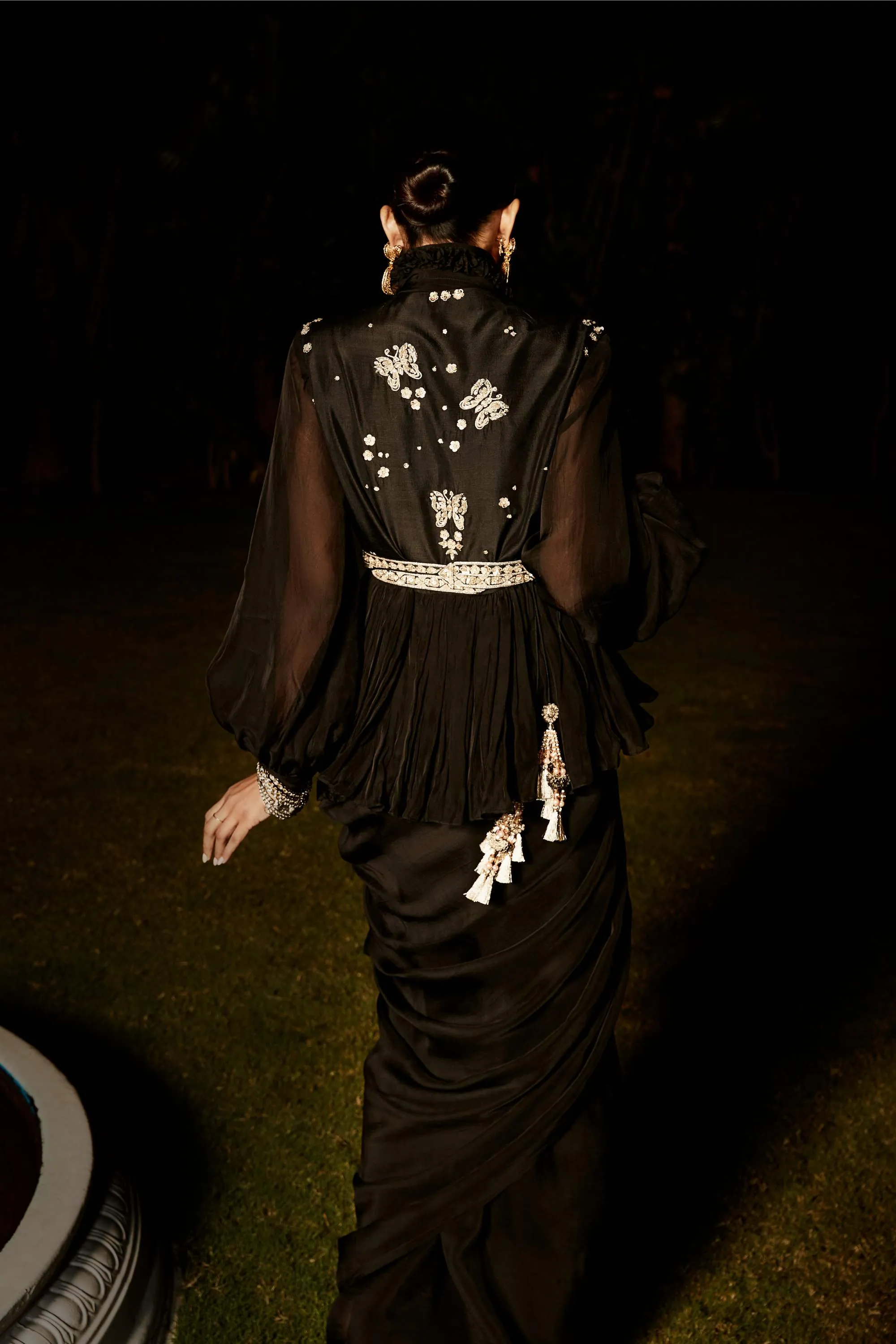 Black Pre-draped Sari With Blouse