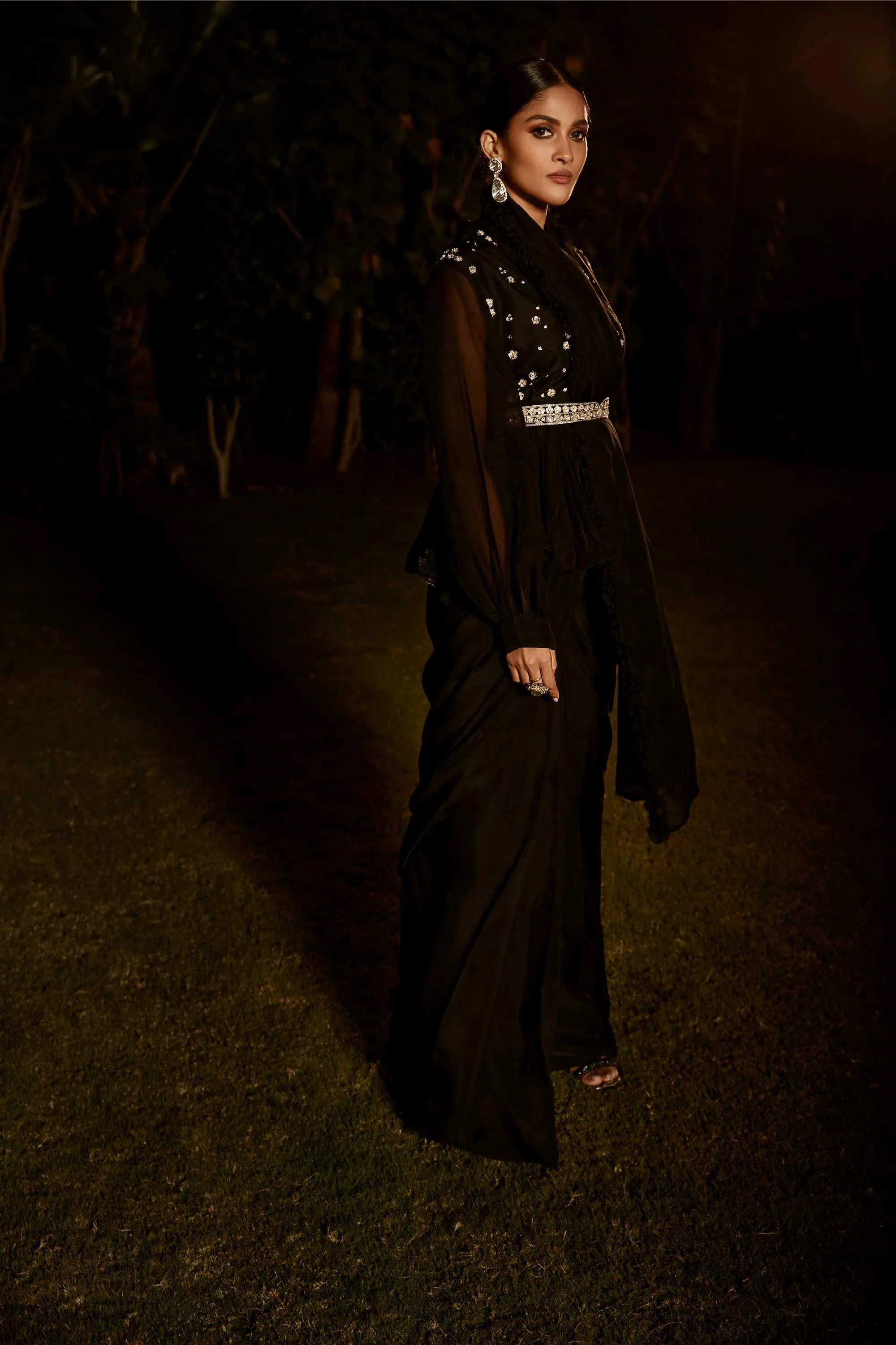 Black Pre-draped Sari With Blouse