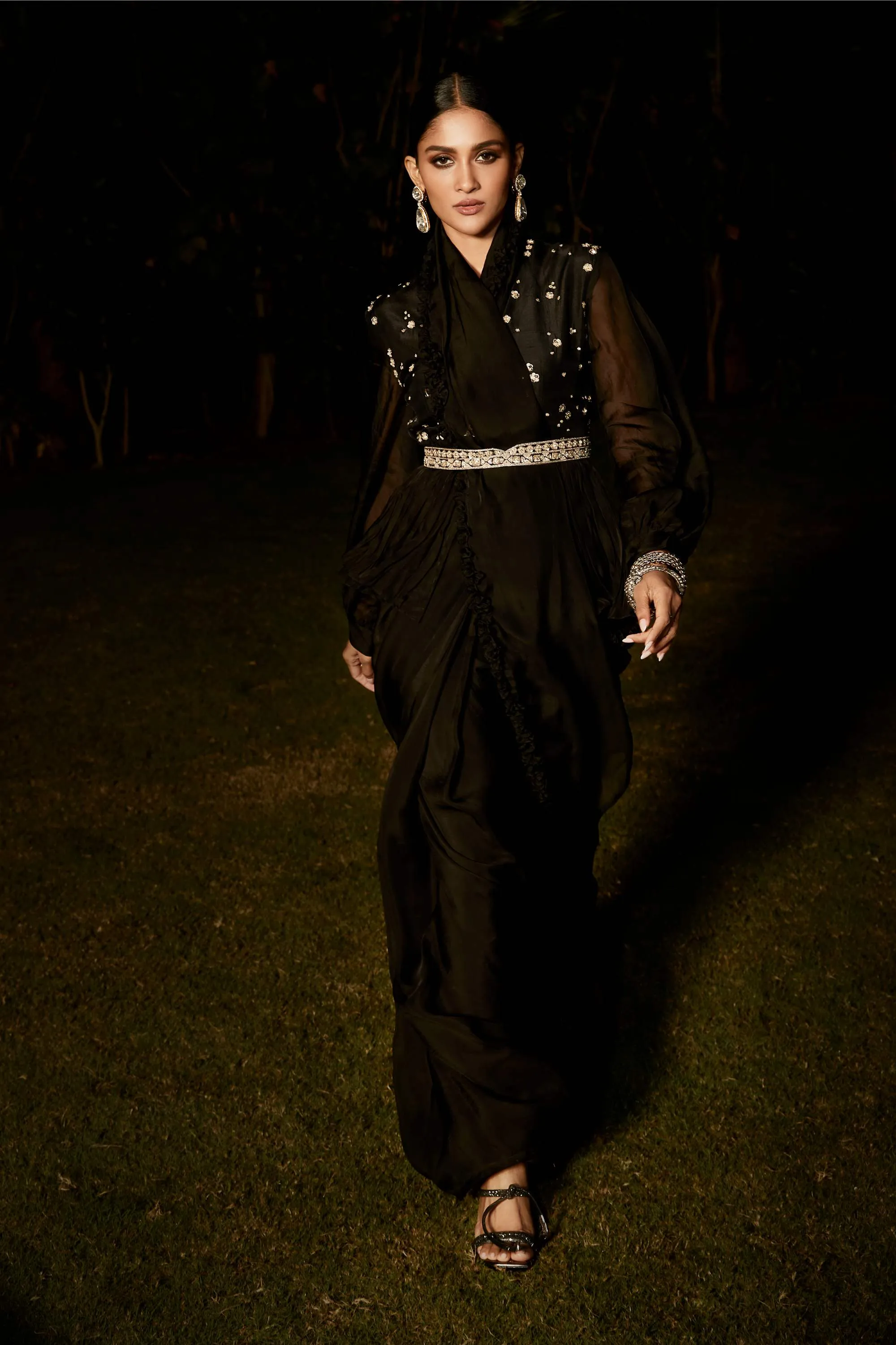 Black Pre-draped Sari With Blouse