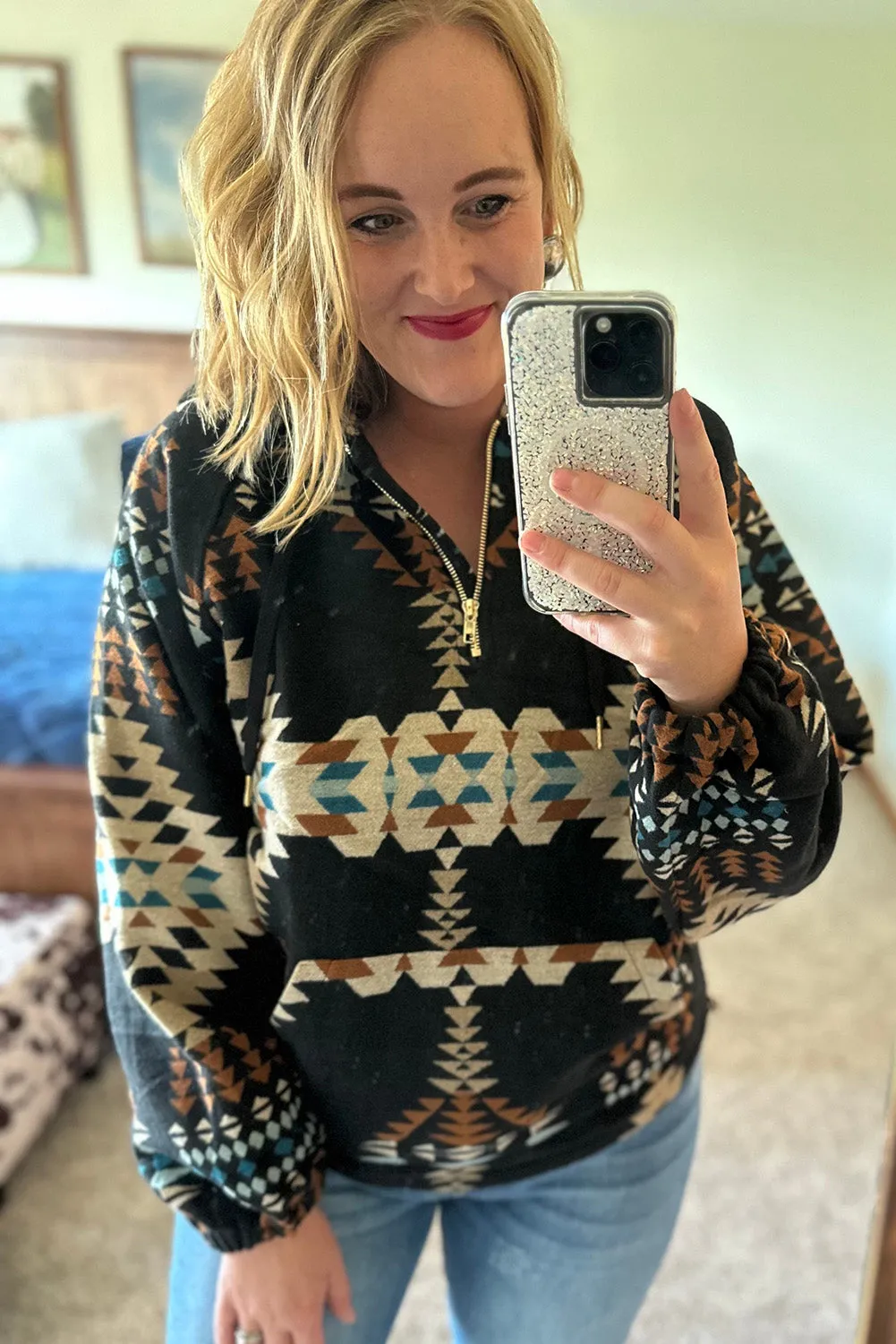 Black Printed Western Aztec Print Zipped Hoodie