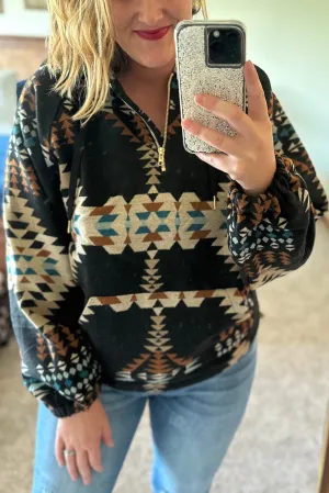 Black Printed Western Aztec Print Zipped Hoodie
