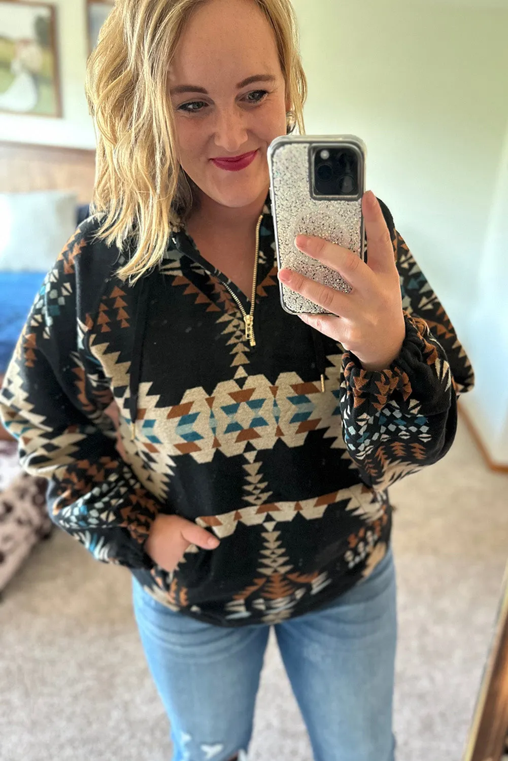 Black Printed Western Aztec Print Zipped Hoodie