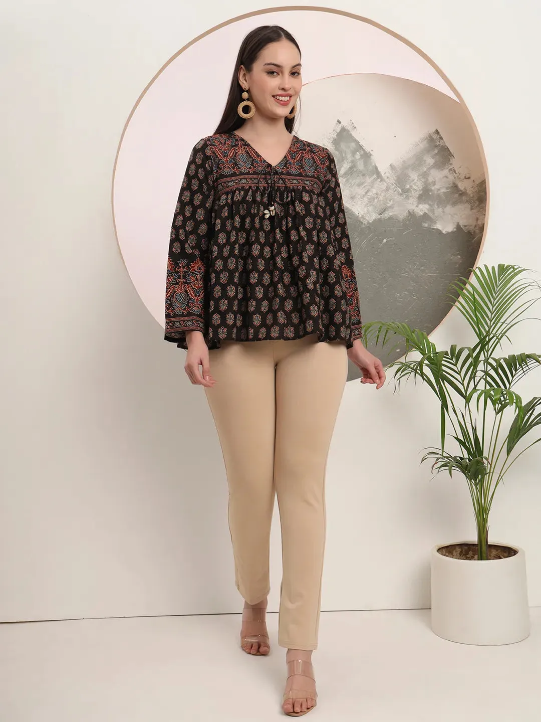 Black Pure Cotton Tie Up Peplum Top
