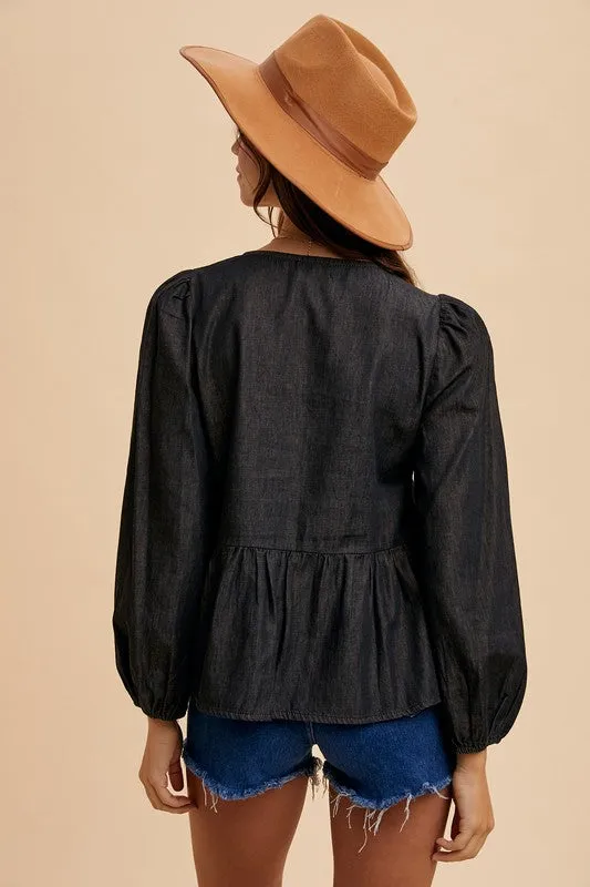 Black Tie Front Peplum Long Sleeve Denim Top