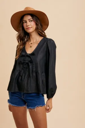 Black Tie Front Peplum Long Sleeve Denim Top