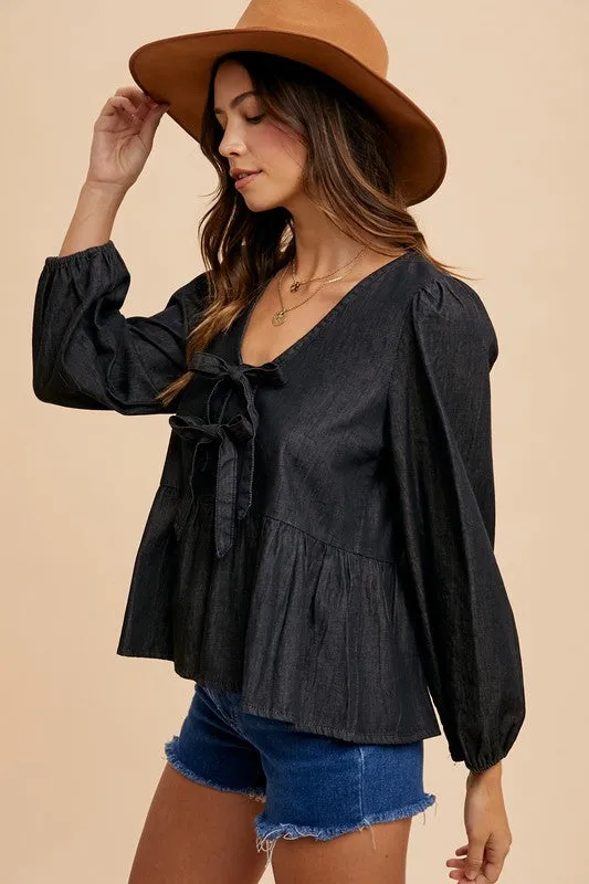 Black Tie Front Peplum Long Sleeve Denim Top