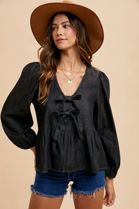 Black Tie Front Peplum Long Sleeve Denim Top