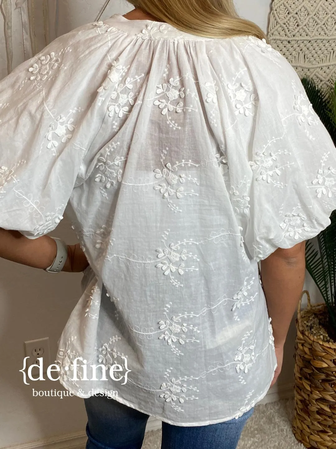 Blank Space White Blouse with Embroidered White Flowers