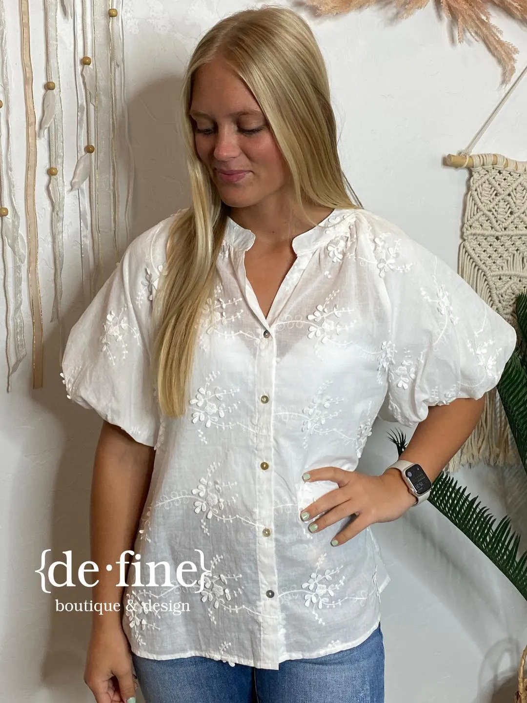Blank Space White Blouse with Embroidered White Flowers