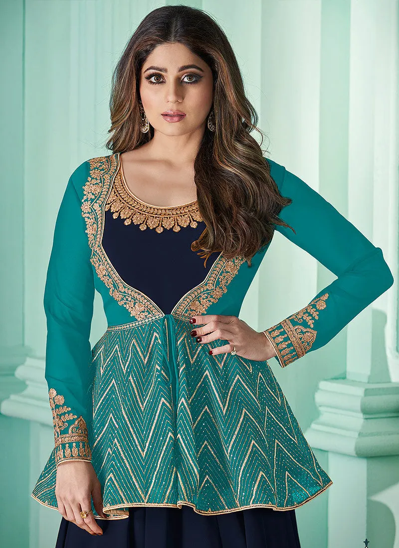 Blue And Turquoise Peplum Style Anarkali Suit