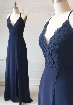 Blue Chiffon Lace Long Prom Dresses, Blue A-Line Evening Dresses