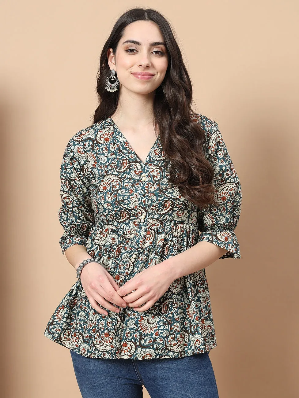 Blue Cotton Kalamkari Peplum Top