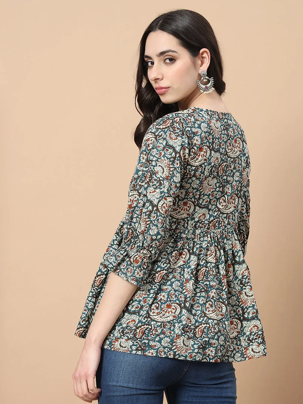 Blue Cotton Kalamkari Peplum Top