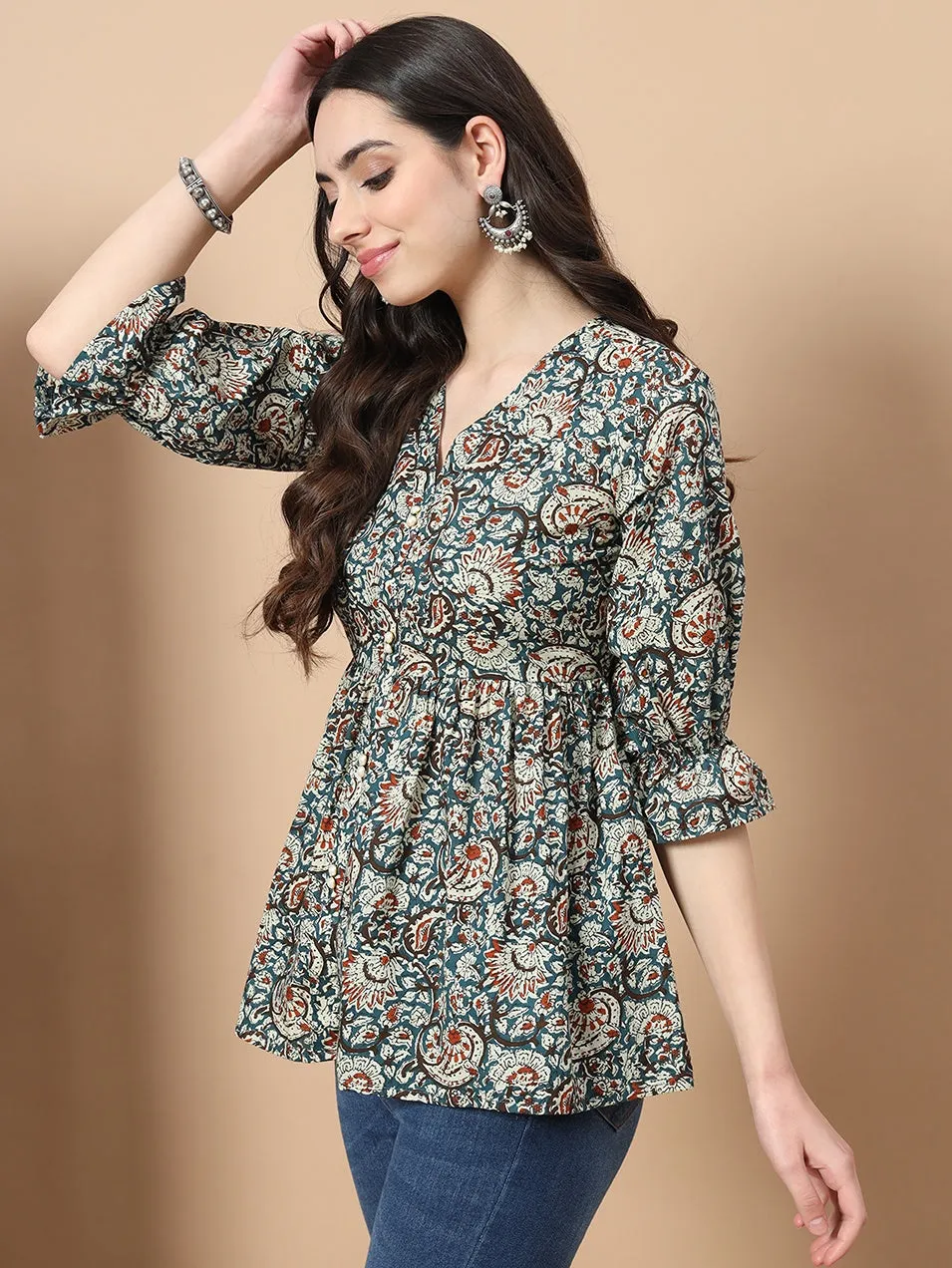 Blue Cotton Kalamkari Peplum Top