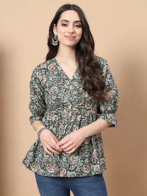 Blue Cotton Kalamkari Peplum Top