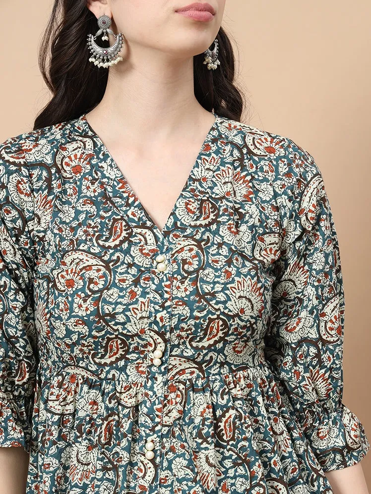 Blue Cotton Kalamkari Peplum Top