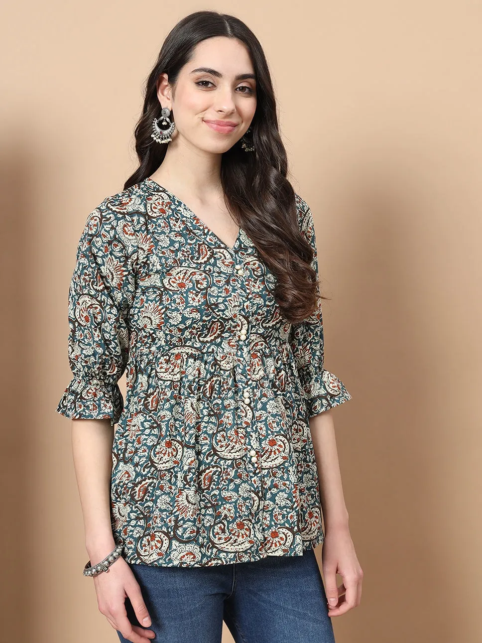 Blue Cotton Kalamkari Peplum Top