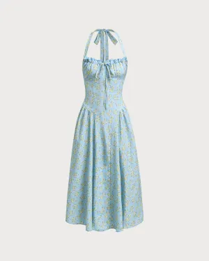 Blue Floral Ruched Lace Halter Midi Dress