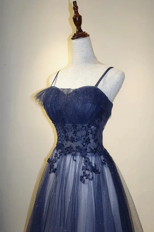 Blue Gradient Straps Tulle Long Party Dresses with Lace Blue Junior Prom Dresses prom Dresses shops