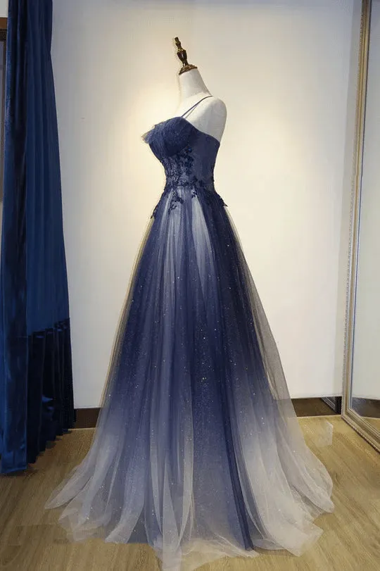 Blue Gradient Straps Tulle Long Party Dresses with Lace Blue Junior Prom Dresses prom Dresses shops
