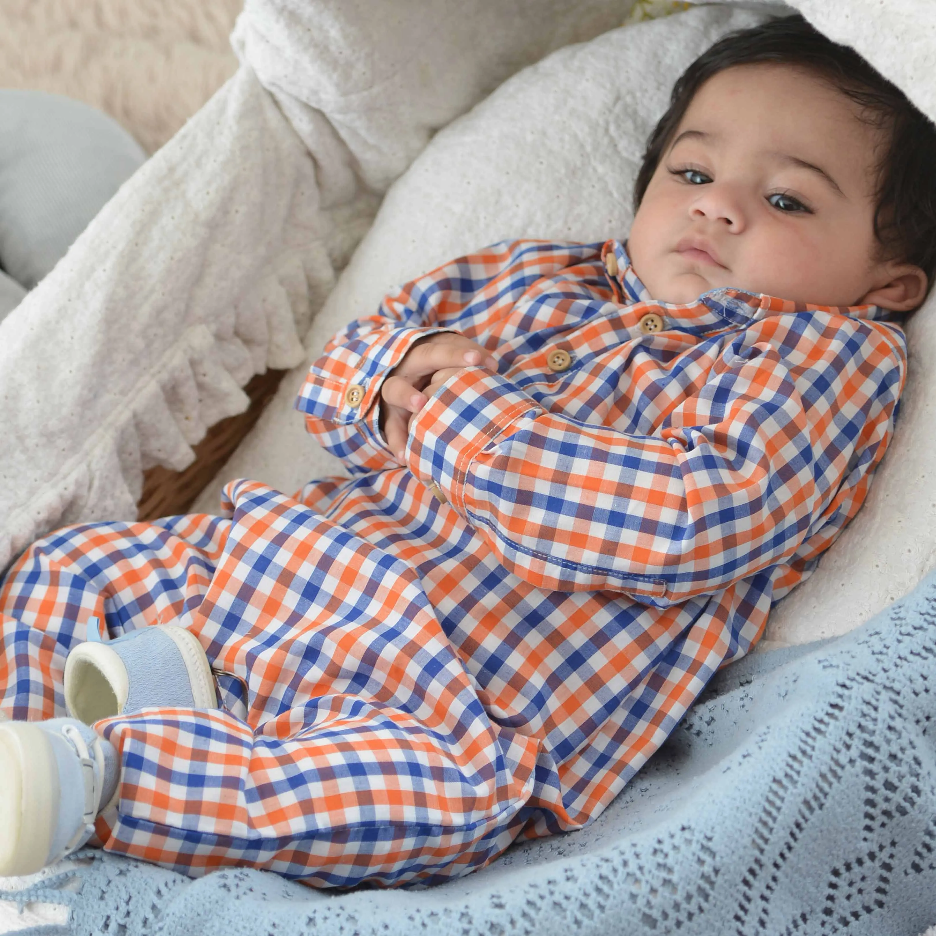 Blue Orange Gingham Romper