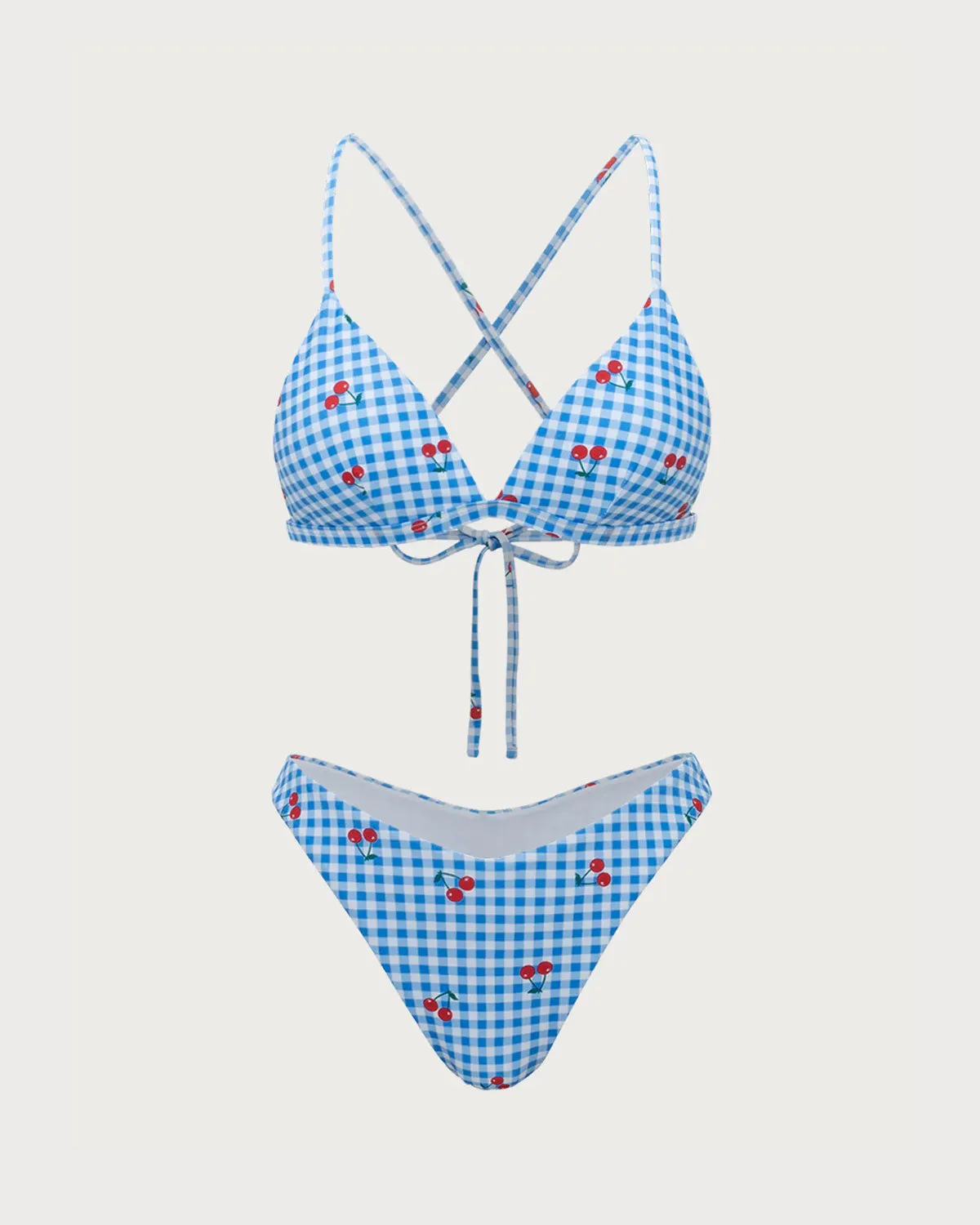 Blue Plaid Cherry Halter Bikini Set