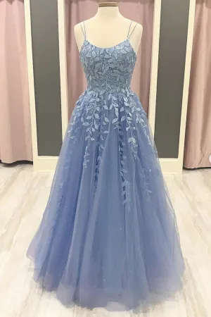 Blue Tulle Lace Applique Long Prom Dresses, Lace Formal Dresses