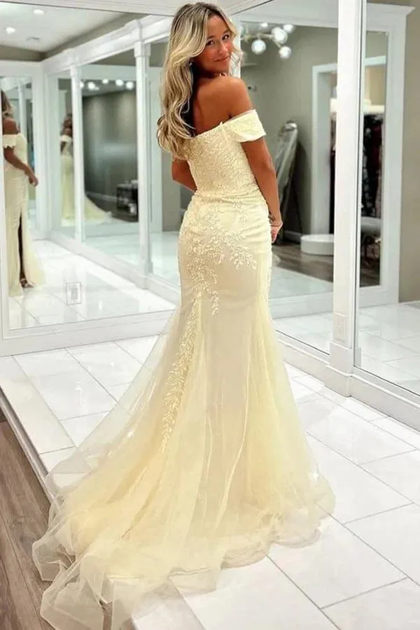 Blue Tulle Mermaid Sweetheart Off Shoulder Lace Appliques Prom Dresses, SLP059