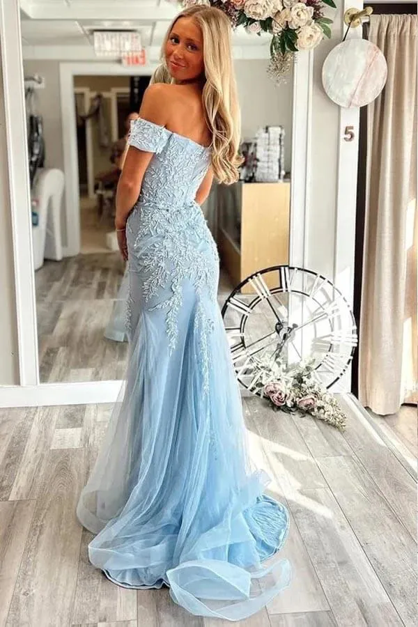 Blue Tulle Mermaid Sweetheart Off Shoulder Lace Appliques Prom Dresses, SLP059
