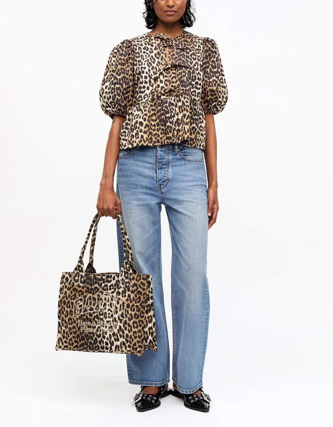 Blusa Printed Cotton Poplin Peplum animal print Ganni