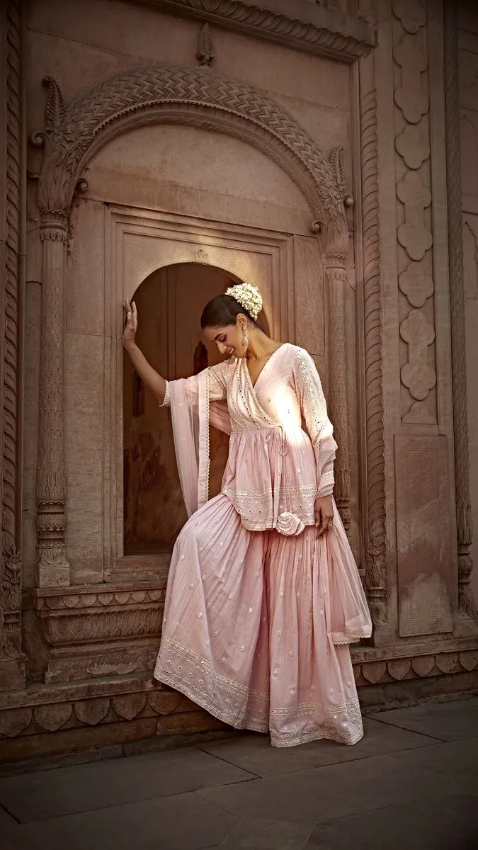 Blush pink all three peplum sharara set