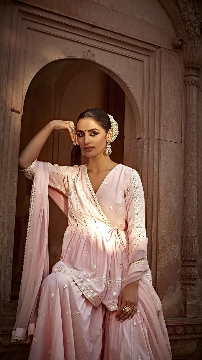 Blush pink all three peplum sharara set