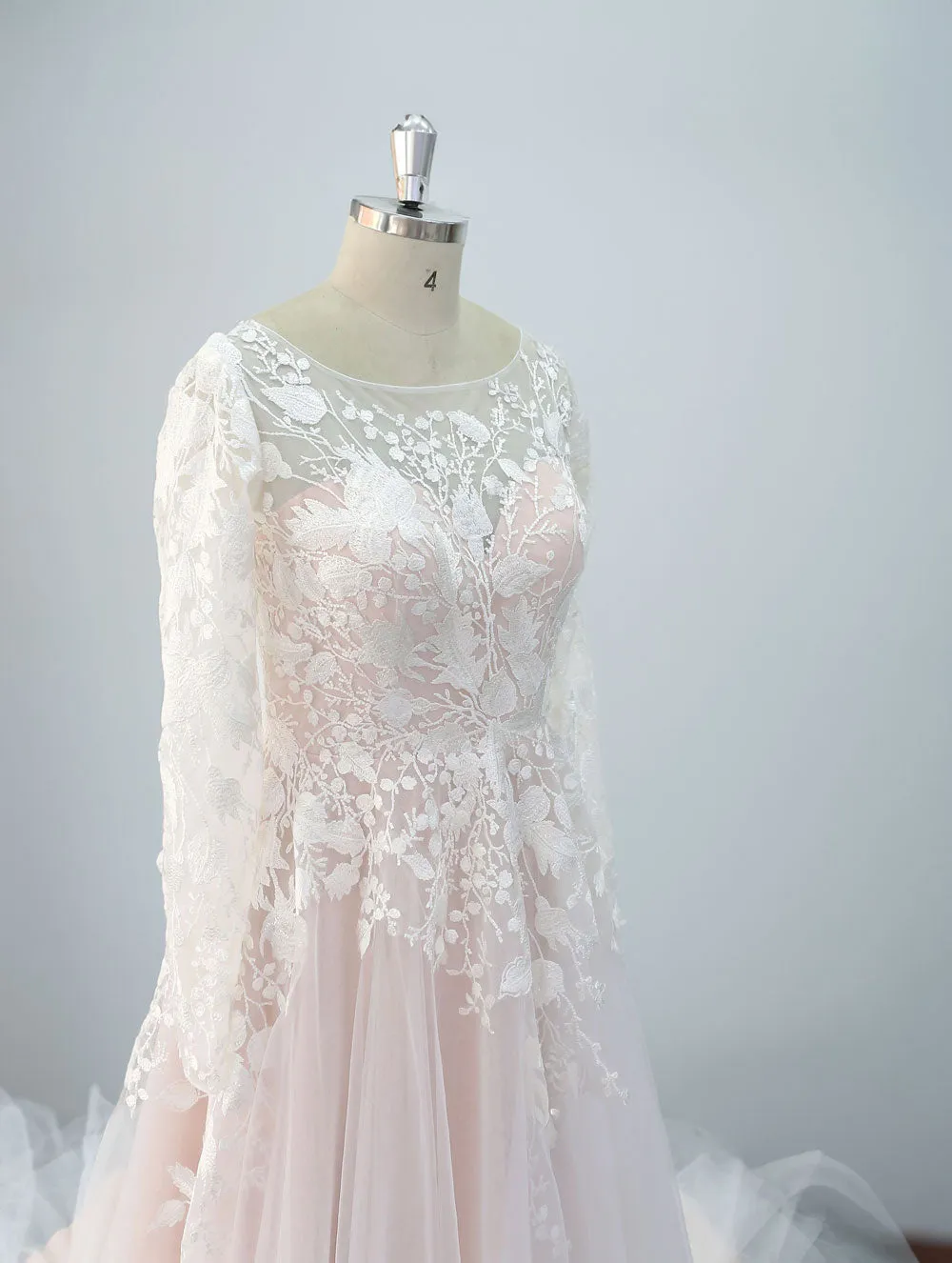 Blush Pink Floral Lace Boho Wedding Dress ET3070