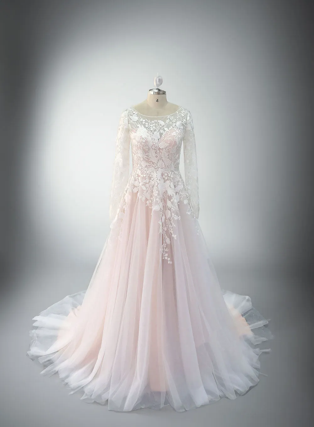 Blush Pink Floral Lace Boho Wedding Dress ET3070