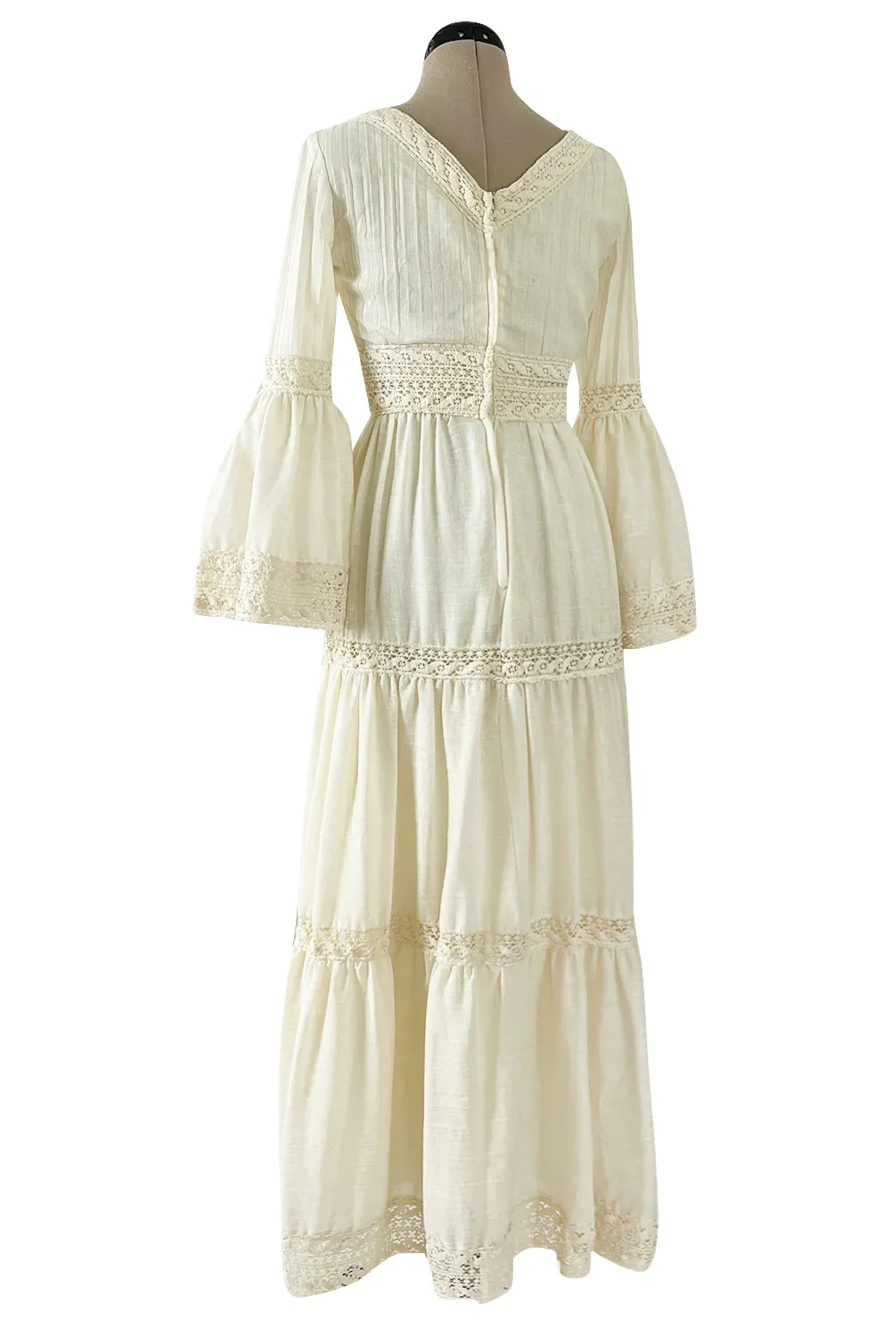 Bohemian 1970s Victor Costa Mexican Wedding Dress Feel Ivory Cotton & Lace Dress