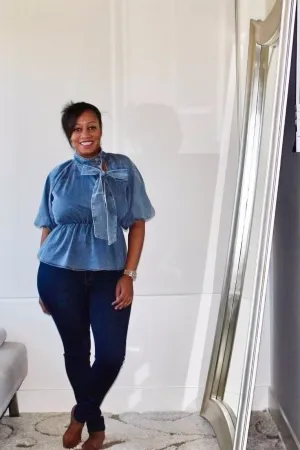 Bow Down Balloon Sleeve Denim Blouse