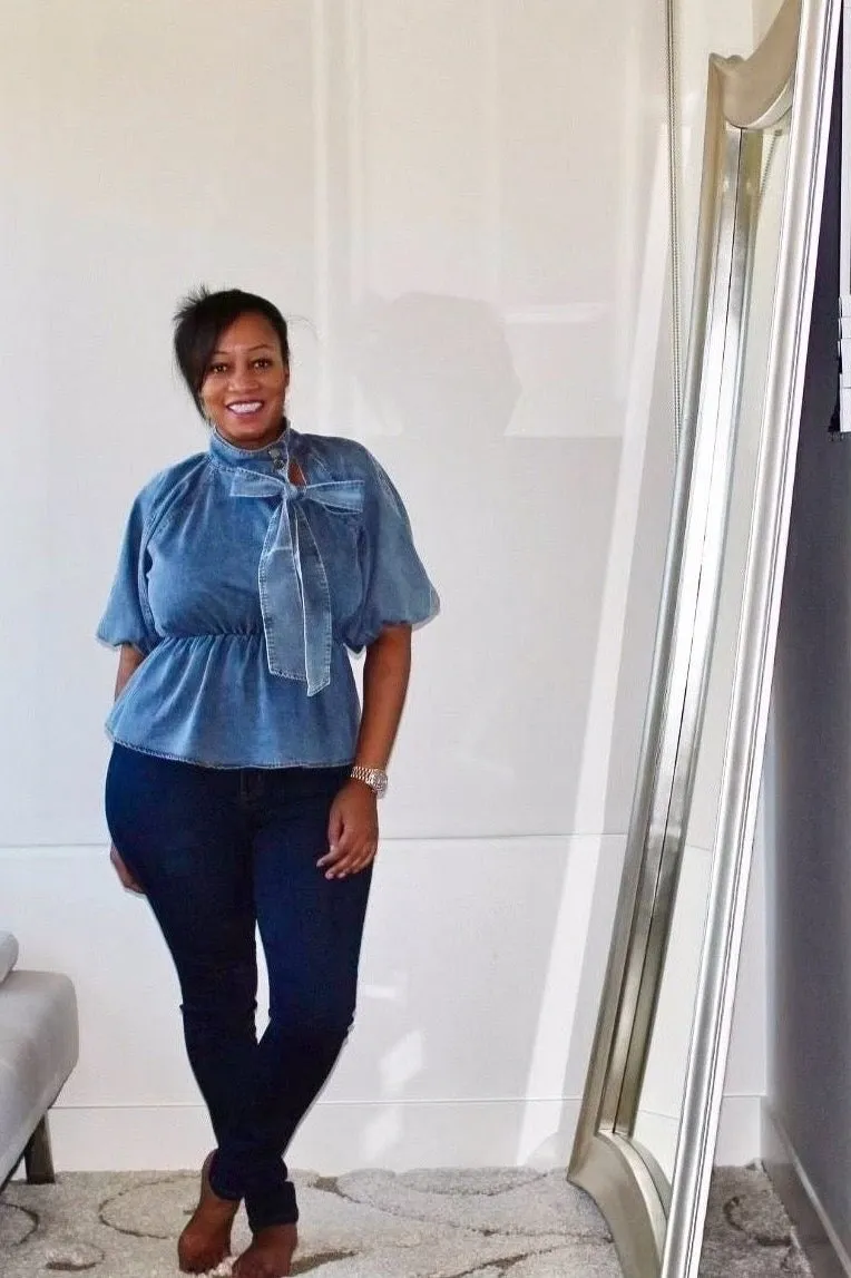 Bow Down Balloon Sleeve Denim Blouse