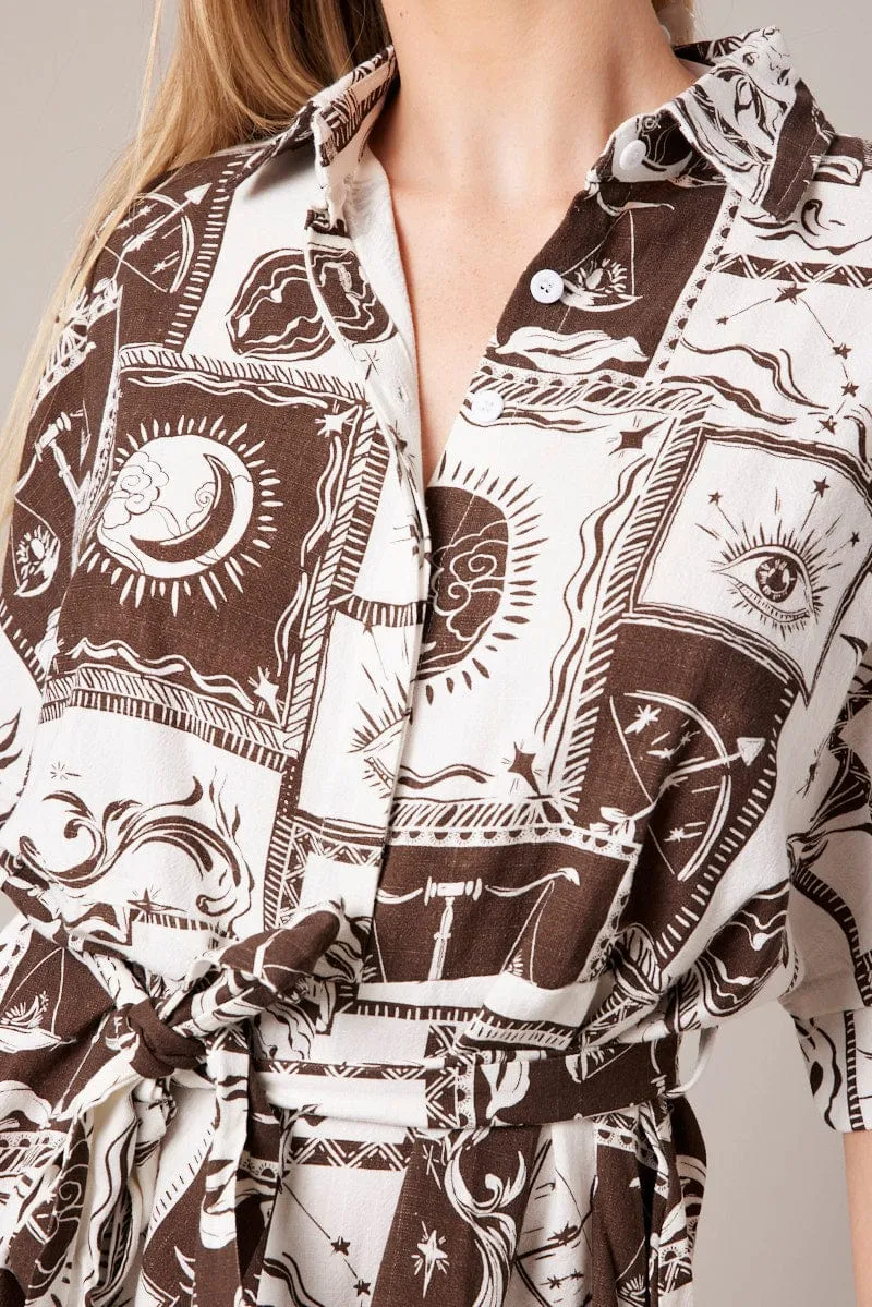 Brown Abstract Oversized Playsuit