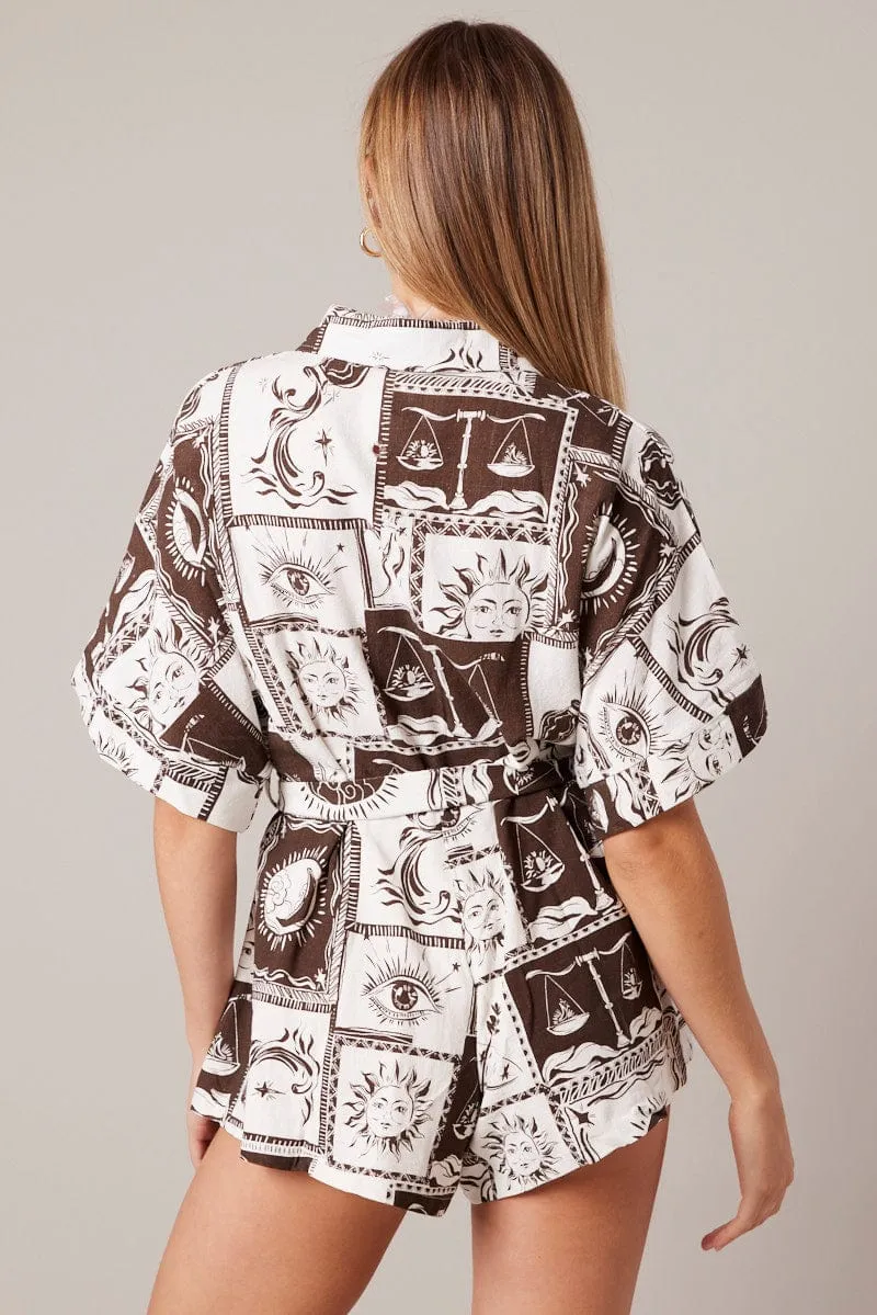 Brown Abstract Oversized Playsuit