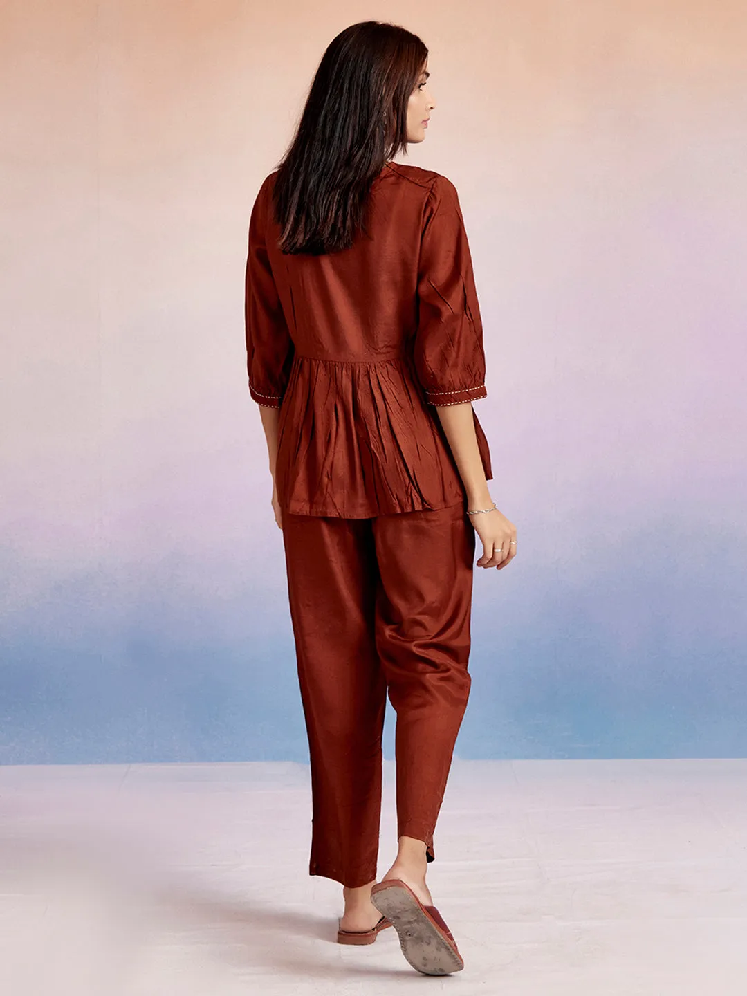 Brown Resham Embroidered Co-ord Set