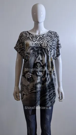 Brown Tiger Printed Glitter Top
