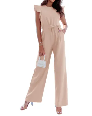 BTFBM Women Jumpsuits Crew Neck Ruffle Cap Sleeve Belted High Waist Wide Leg Romper with Pockets One Piece Casual Outfits(Solid Apricot, Small)