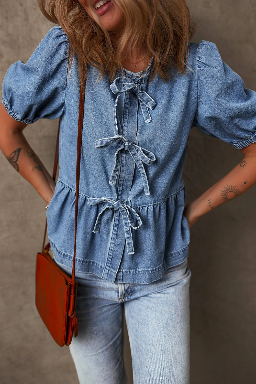 Bubble Sleeve Peplum Denim Shirt