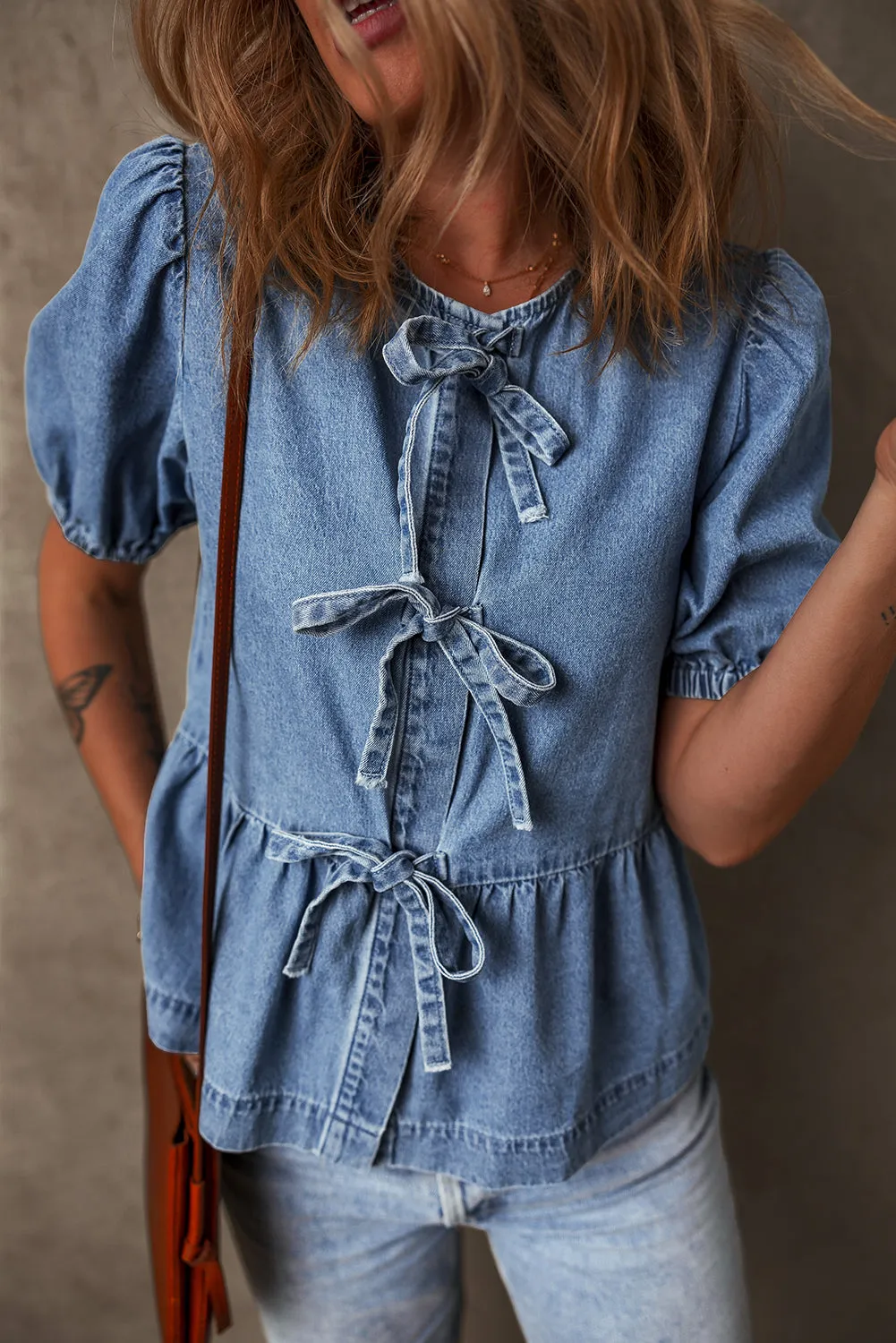 Bubble Sleeve Peplum Denim Shirt