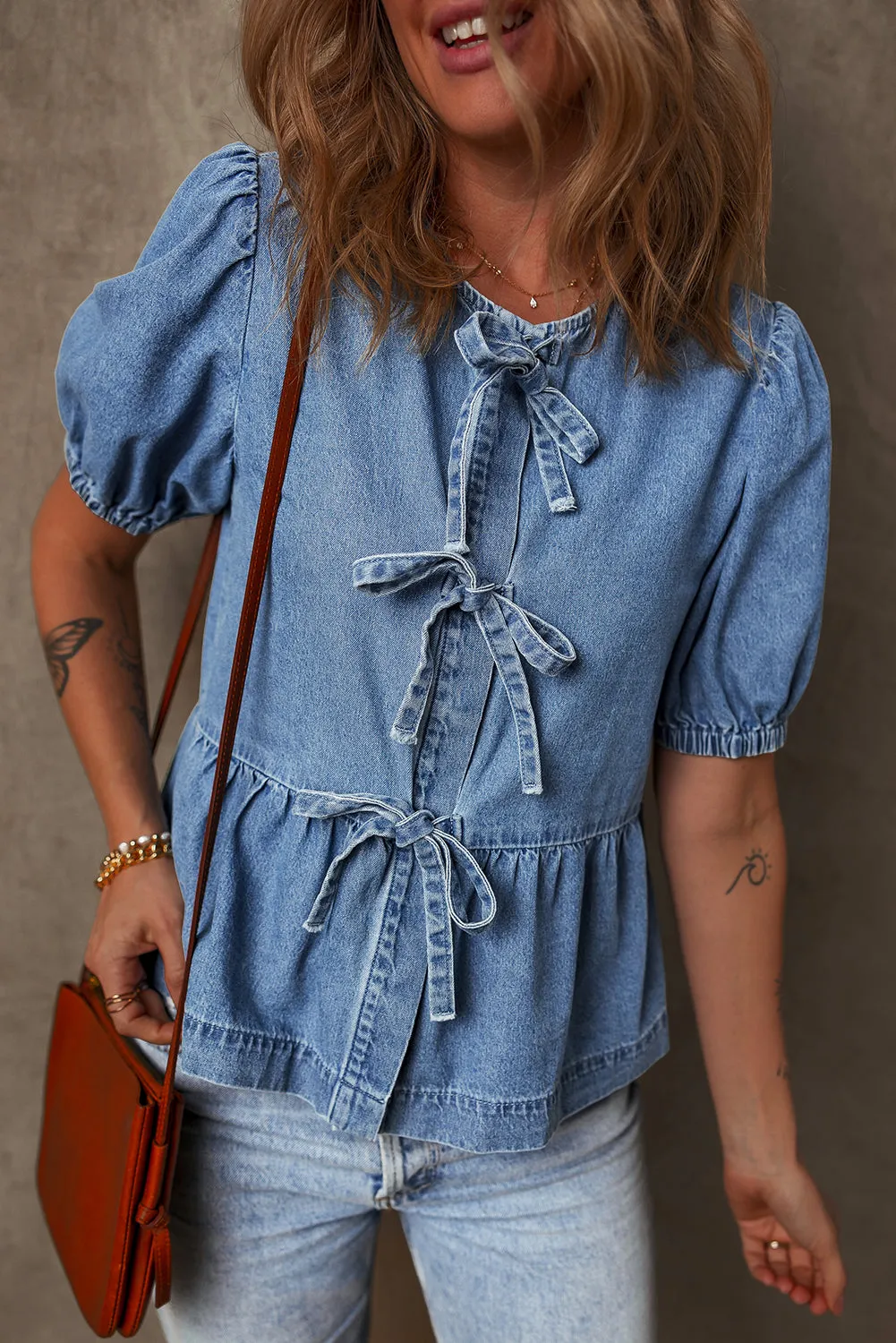 Bubble Sleeve Peplum Denim Shirt