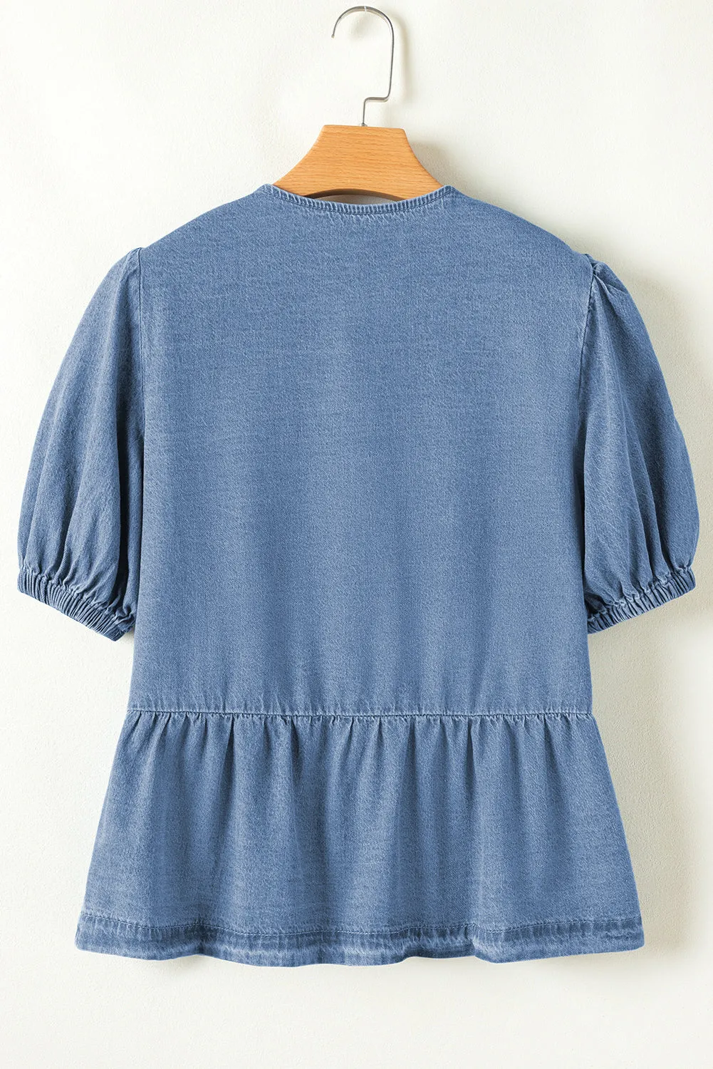 Bubble Sleeve Peplum Denim Shirt